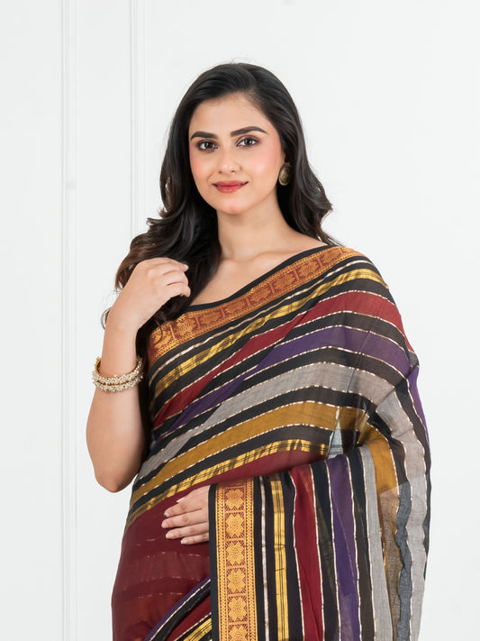 Maroon Body and Black with Golden Zari Border Cotton Saree