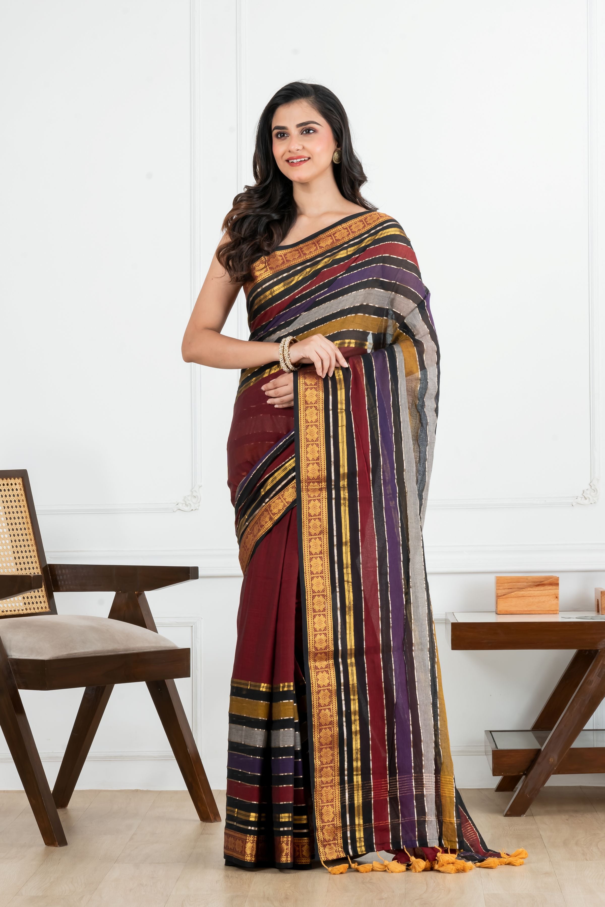 Maroon Body and Black with Golden Zari Border Cotton Saree