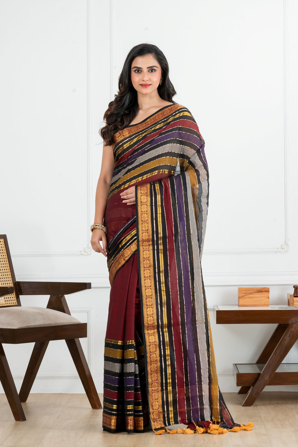 Maroon Body and Black with Golden Zari Border Cotton Saree
