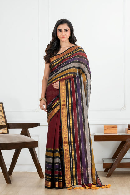 Maroon Body and Black with Golden Zari Border Cotton Saree