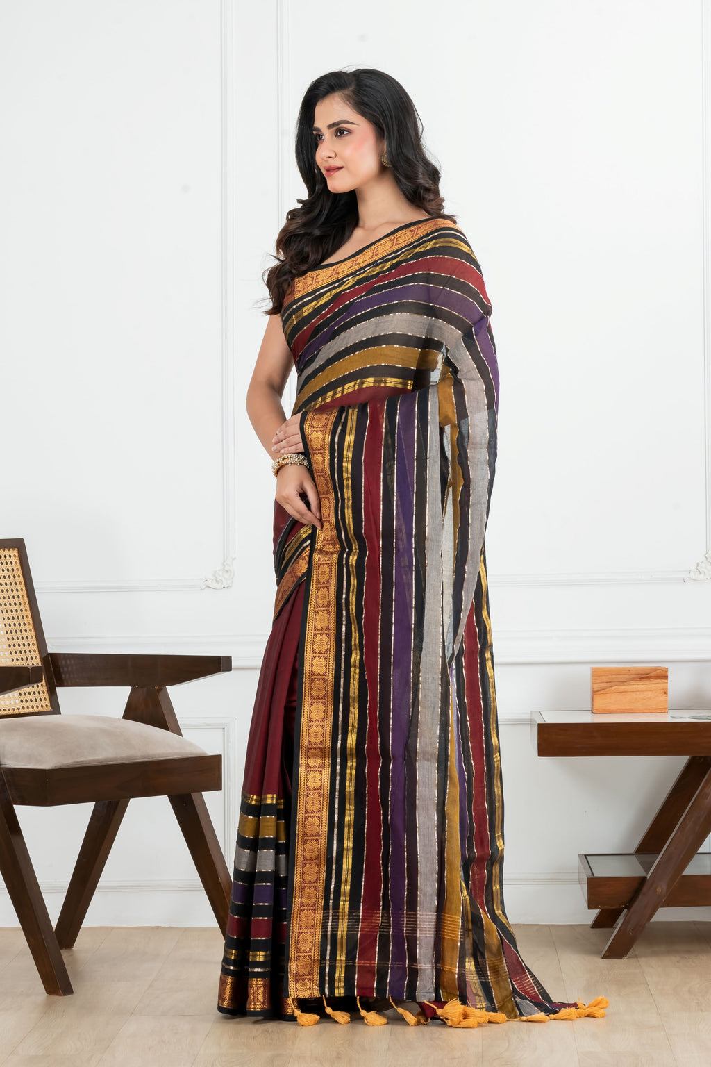 Maroon Body and Black with Golden Zari Border Cotton Saree
