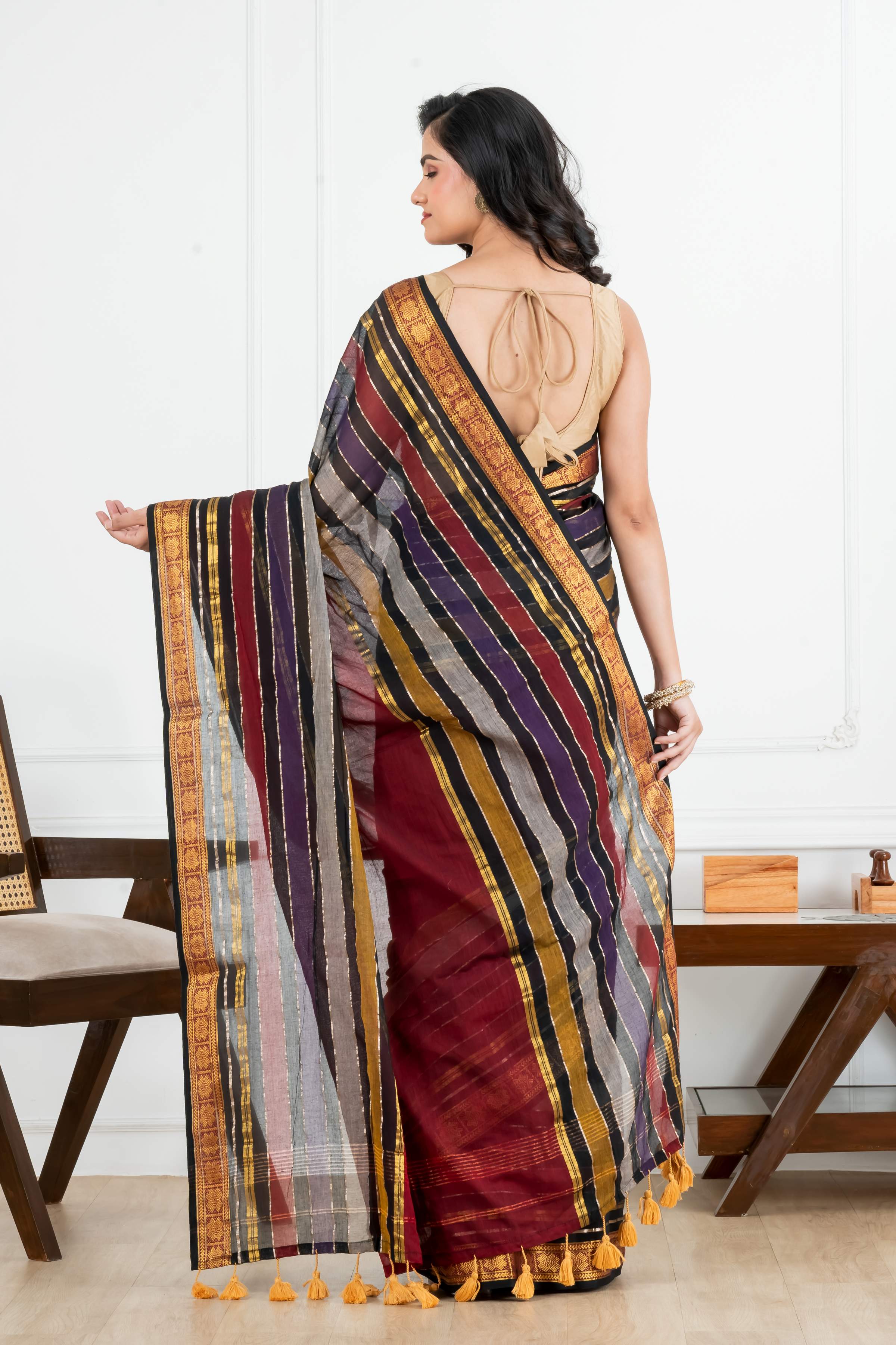 Maroon Body and Black with Golden Zari Border Cotton Saree