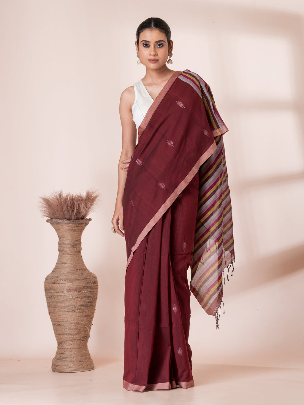 Maroon Jamdani Butis Handloom Premium Cotton Saree