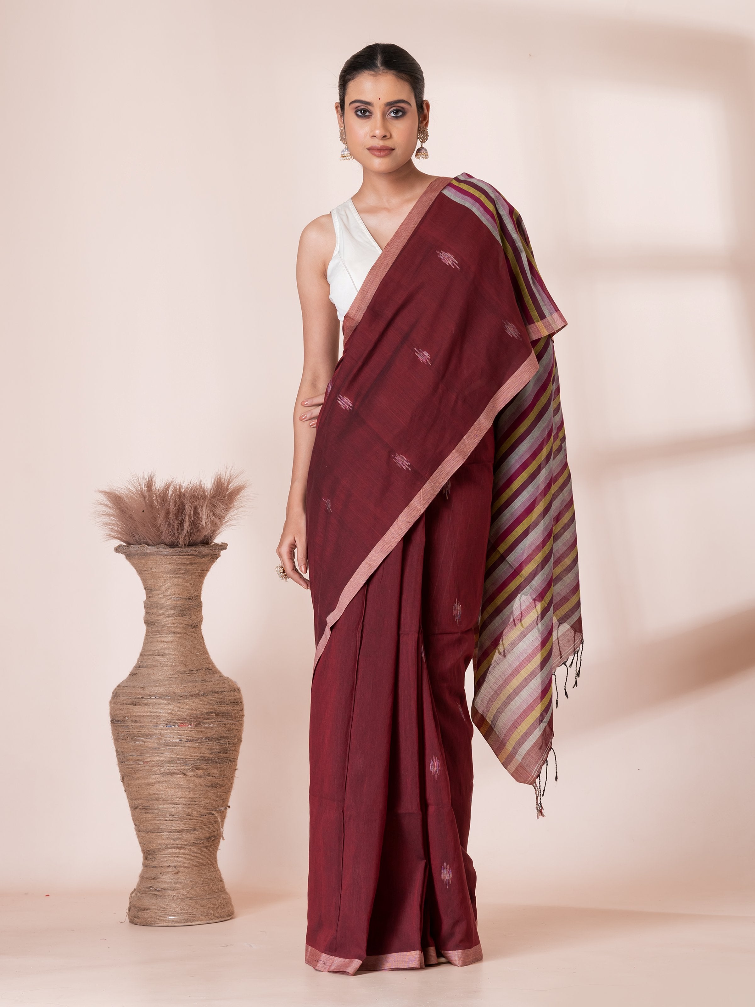 Maroon Jamdani Butis Handloom Premium Cotton Saree