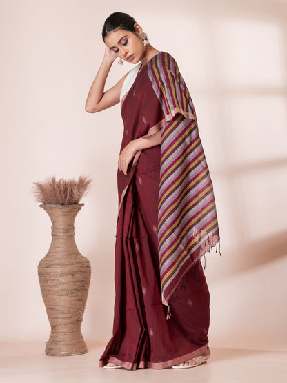 Maroon Jamdani Butis Handloom Premium Cotton Saree