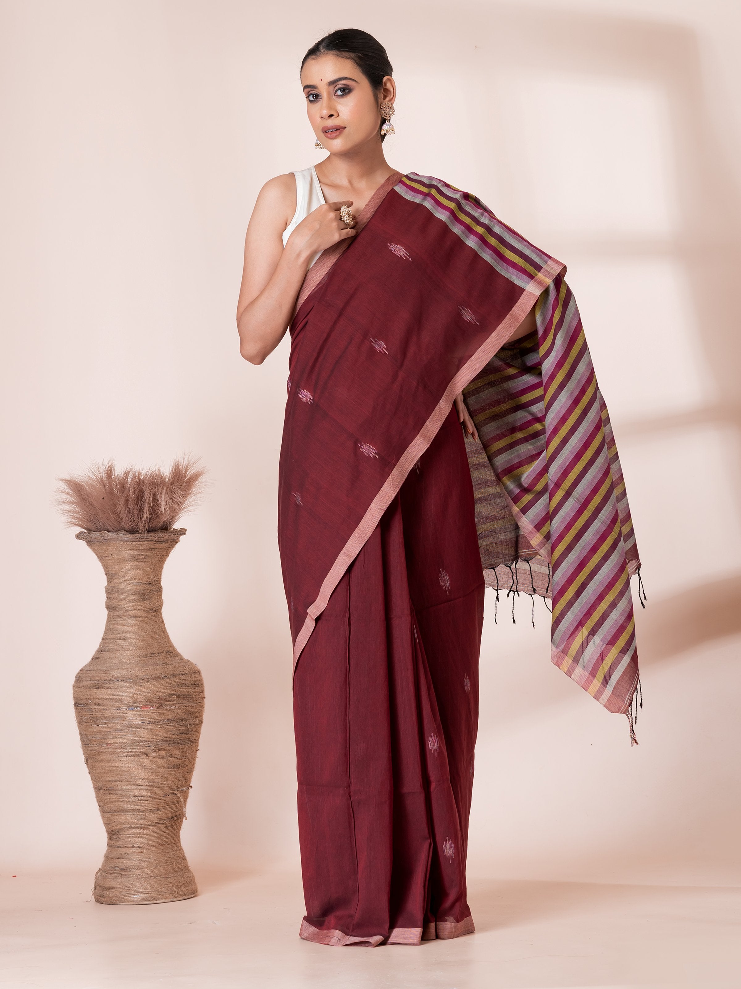 Maroon Jamdani Butis Handloom Premium Cotton Saree