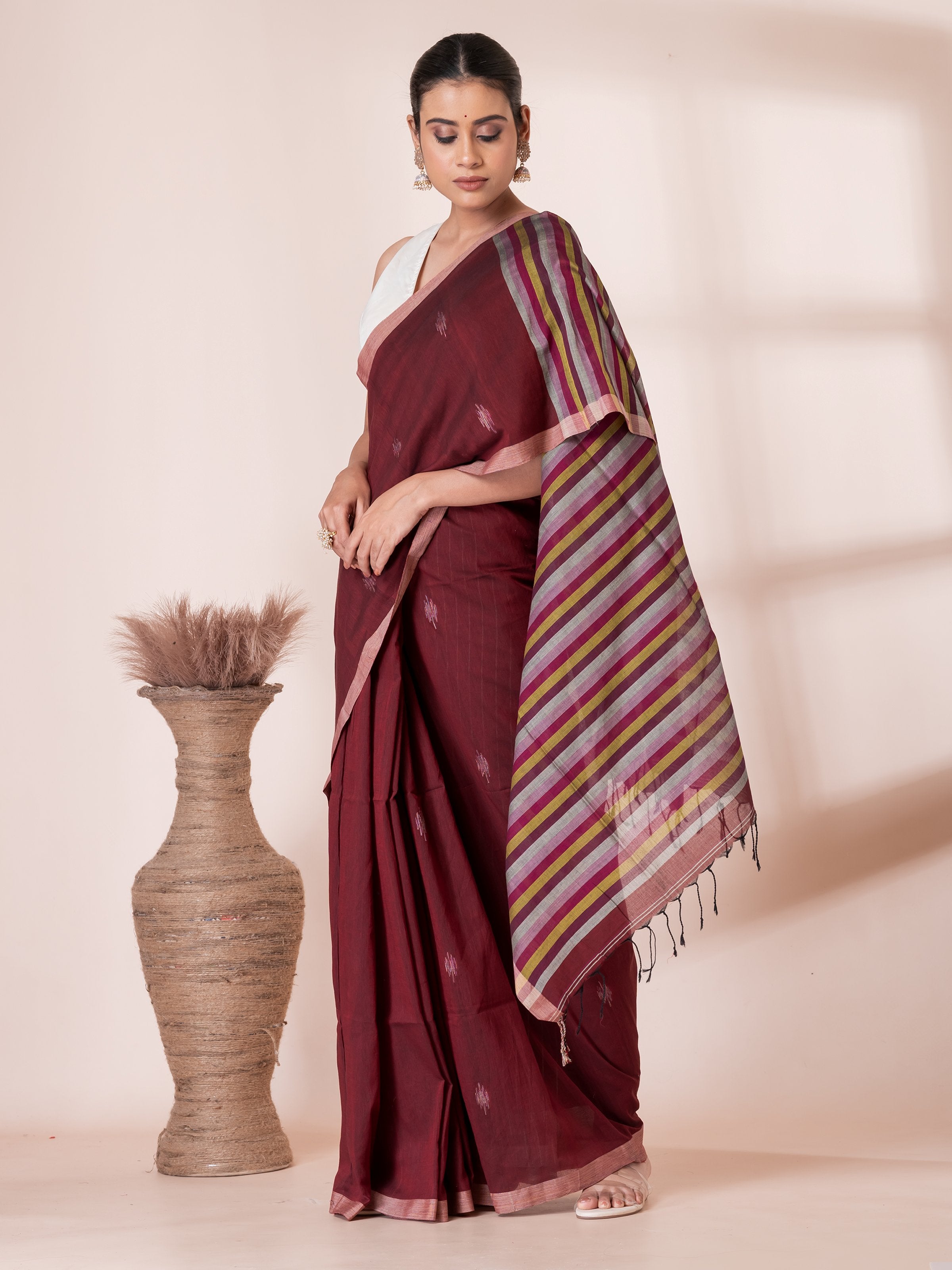 Maroon Jamdani Butis Handloom Premium Cotton Saree