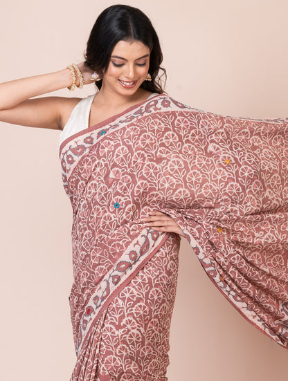 Pastel Maroon Bagru Kantha Embroidered Saree