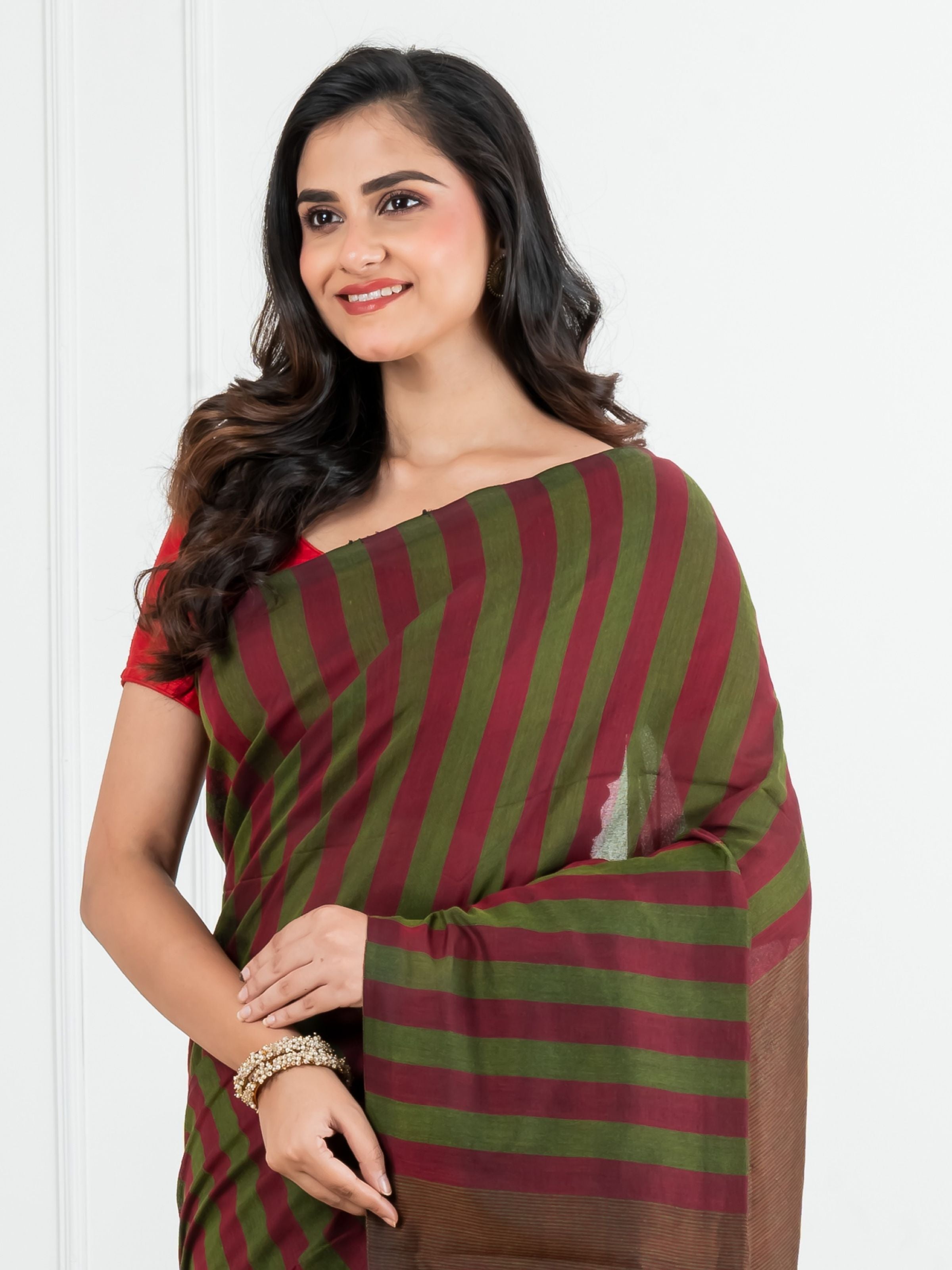 Maroon and Green Striped Cotton Saree