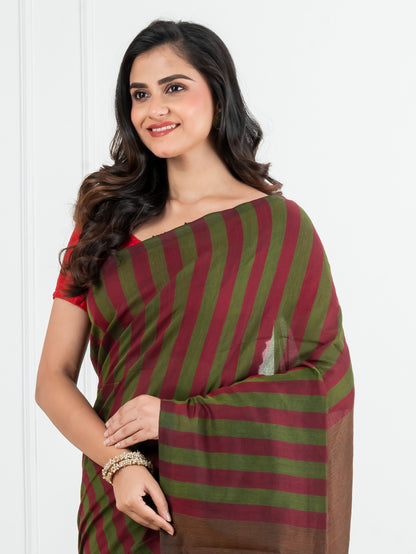 Maroon and Green Striped Cotton Saree