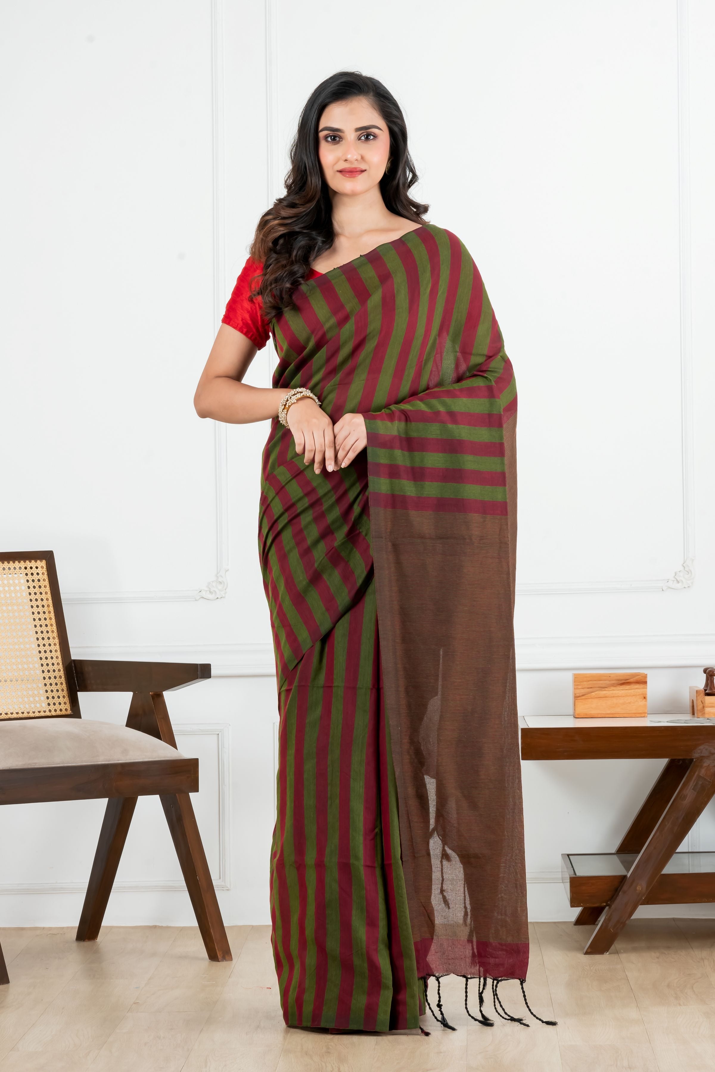 Maroon and Green Striped Cotton Saree