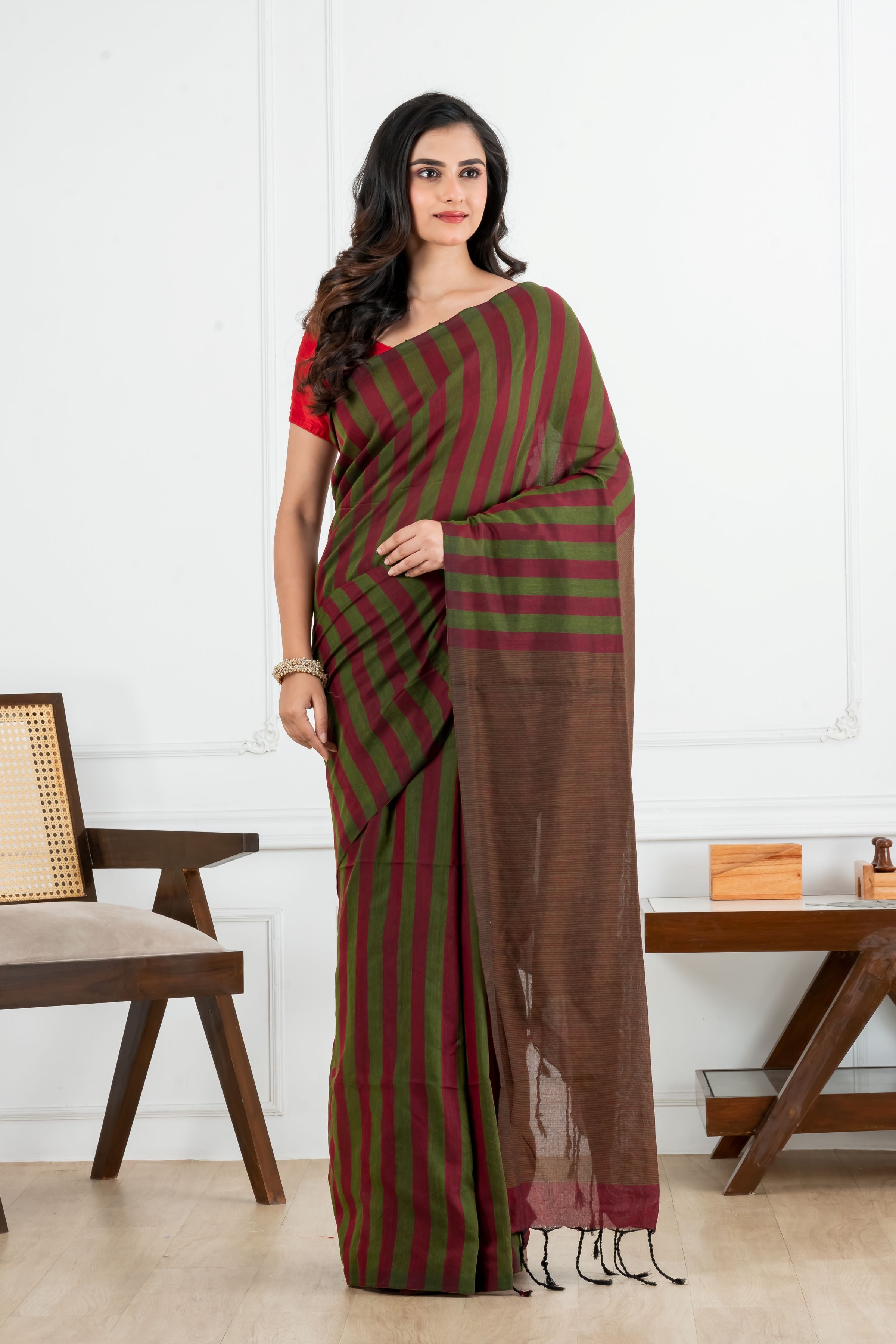 Maroon and Green Striped Cotton Saree