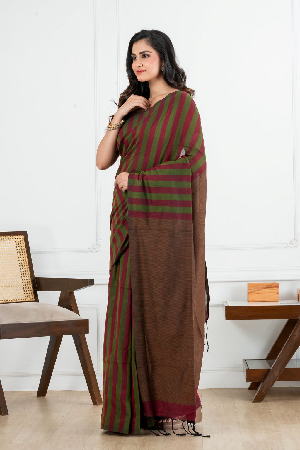 Maroon and Green Striped Cotton Saree