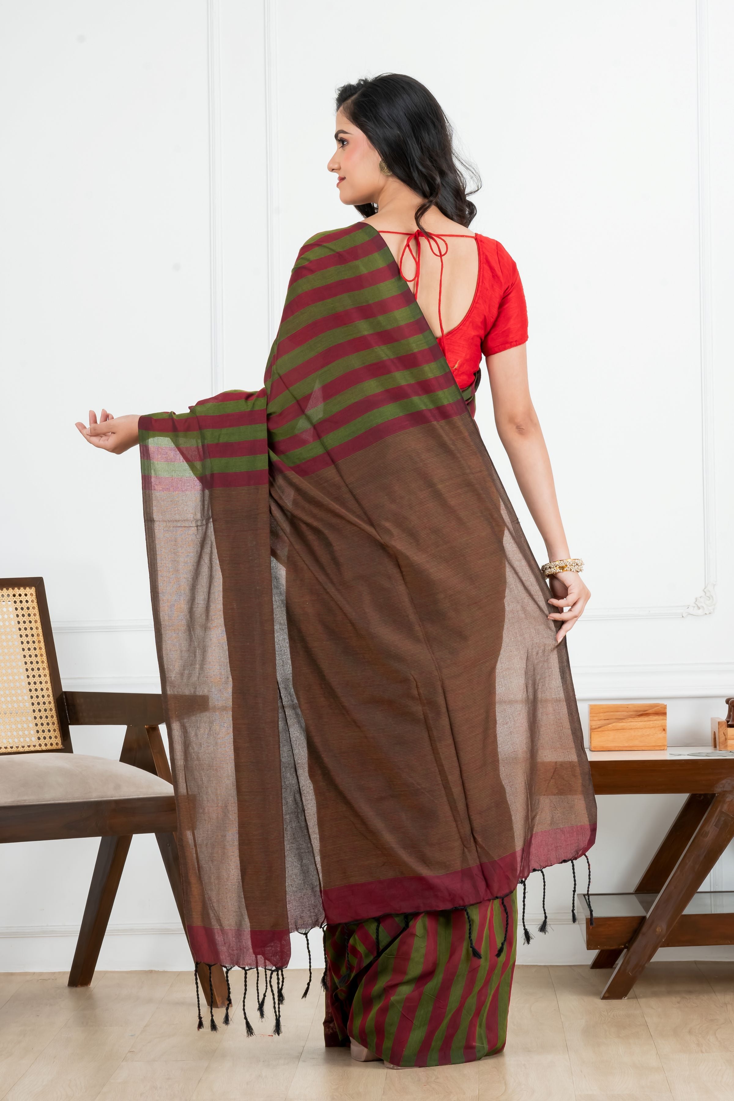 Maroon and Green Striped Cotton Saree