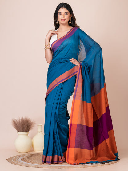 Blue Saffron Mul Cotton Saree