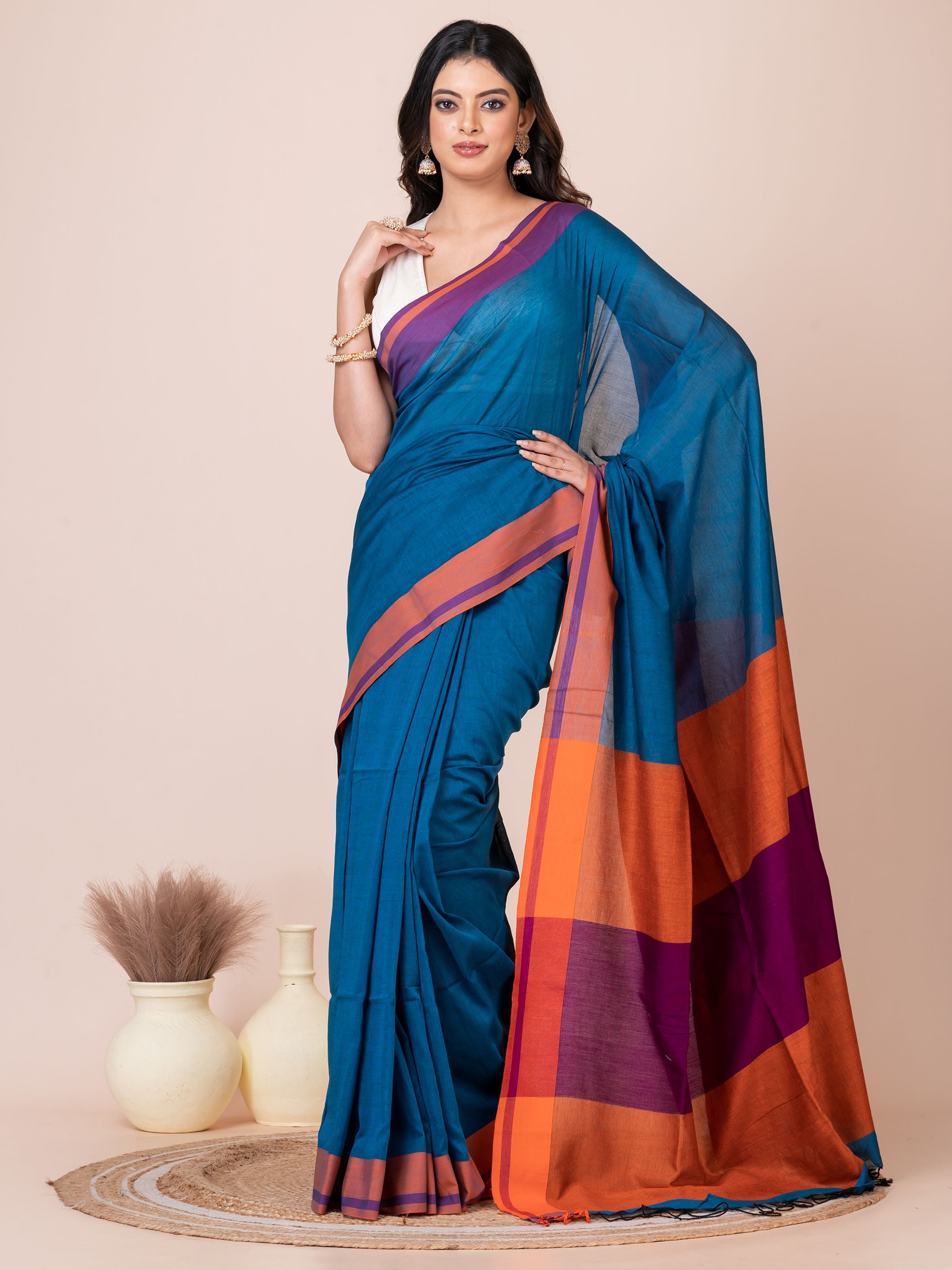 Blue Saffron Mul Cotton Saree