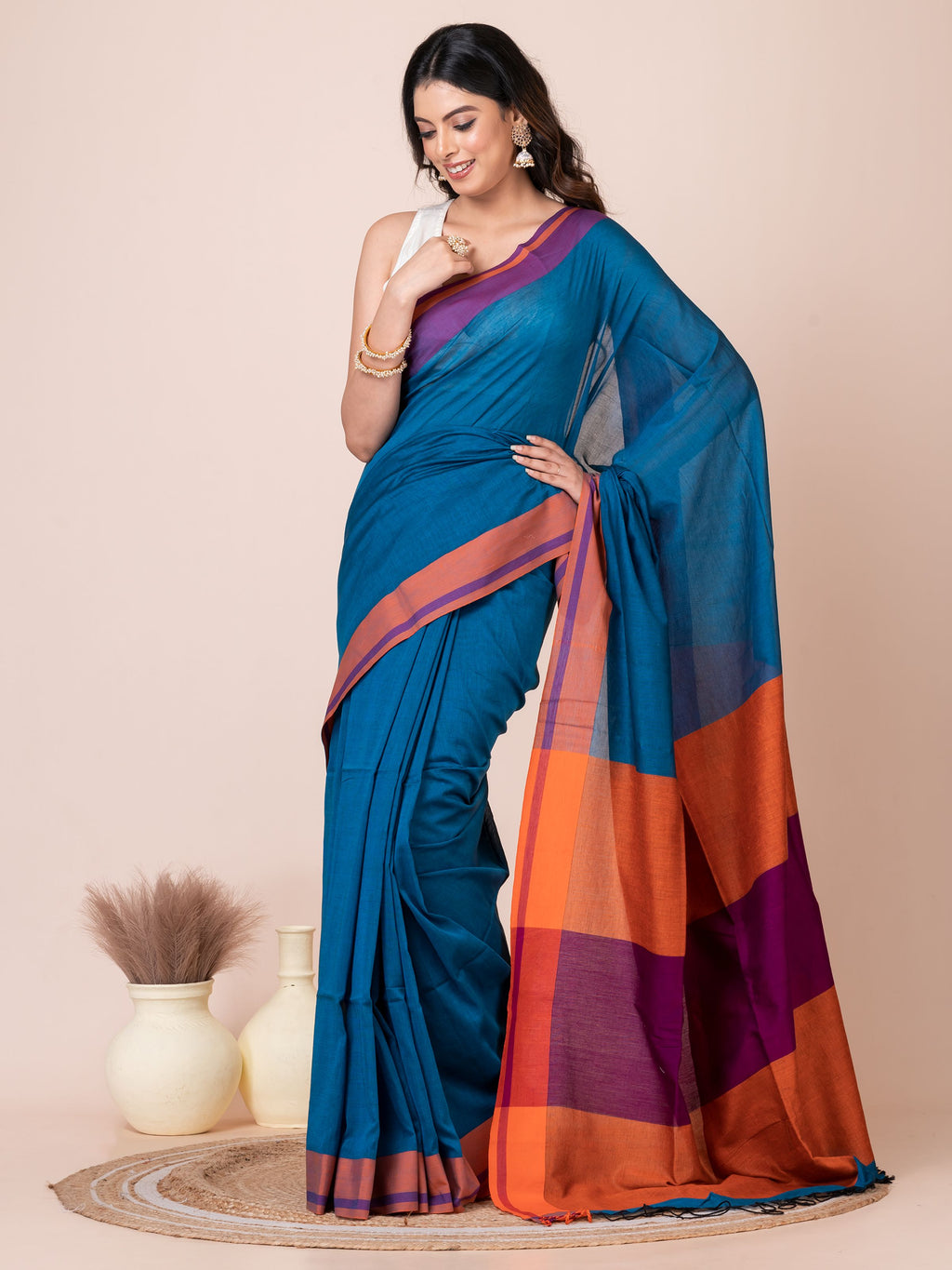 Blue Saffron Mul Cotton Saree