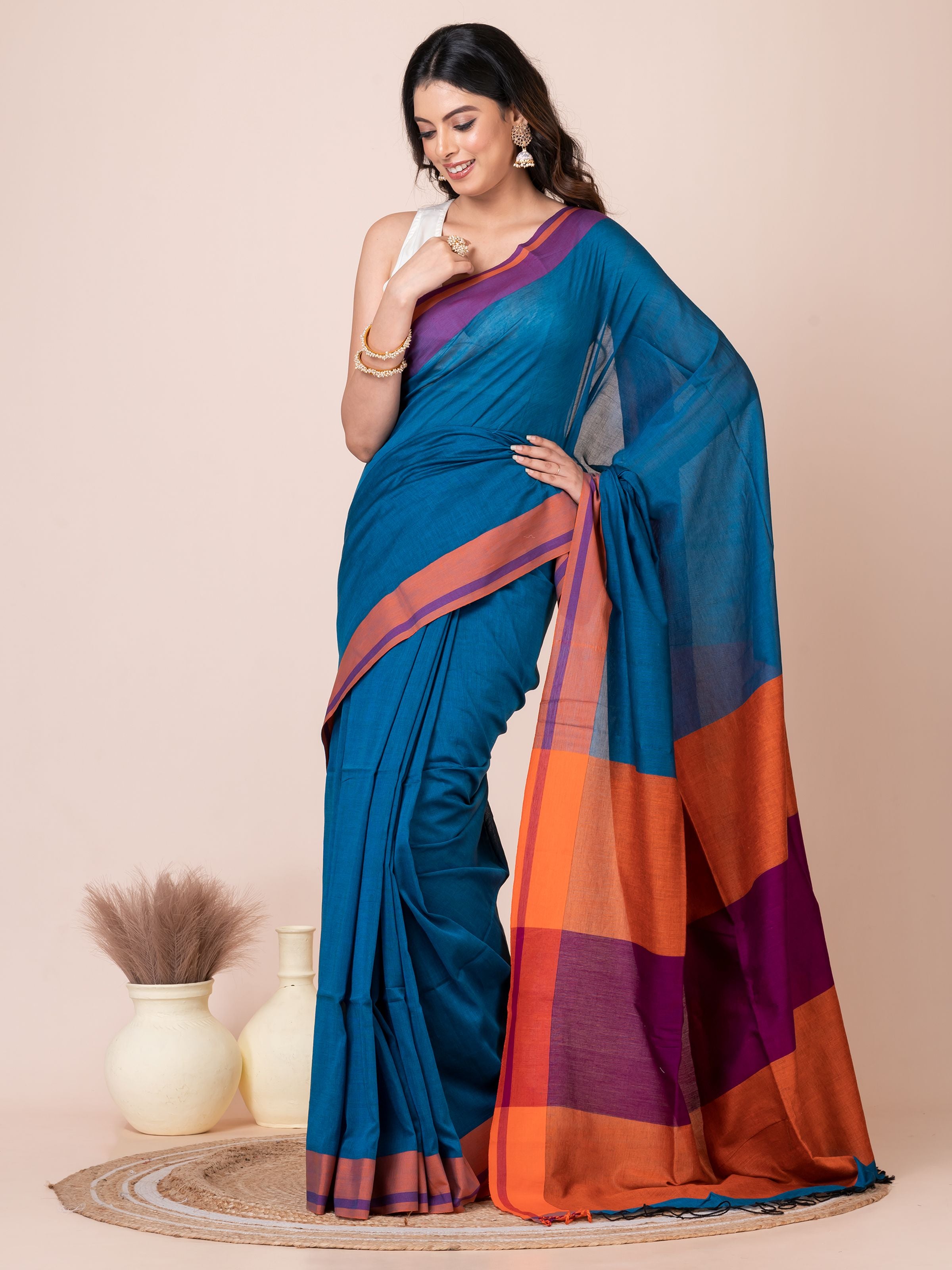 Blue Saffron Mul Cotton Saree