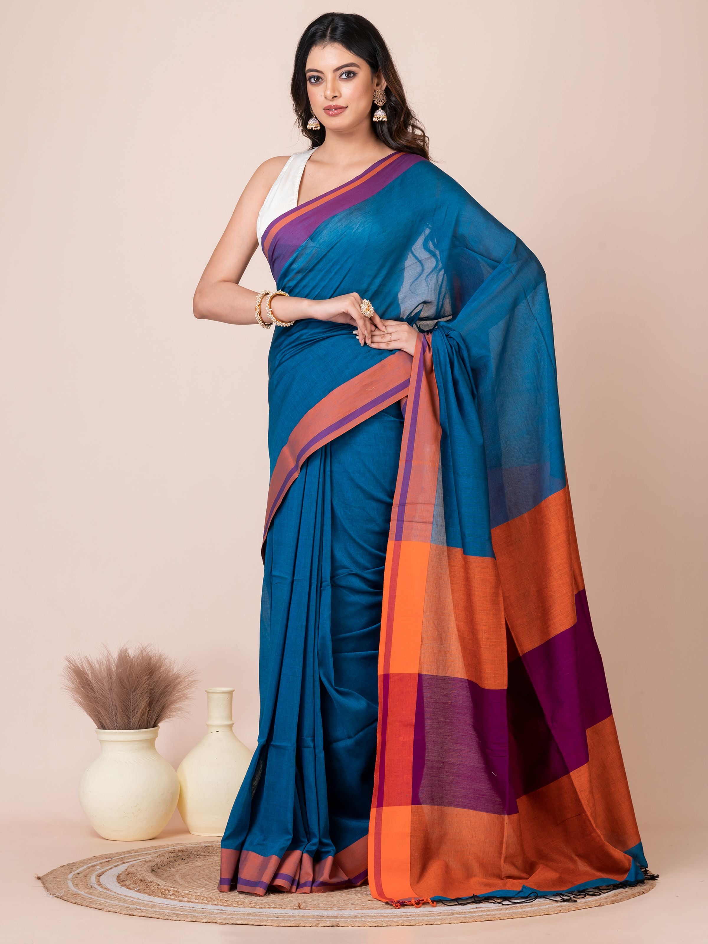 Blue Saffron Mul Cotton Saree
