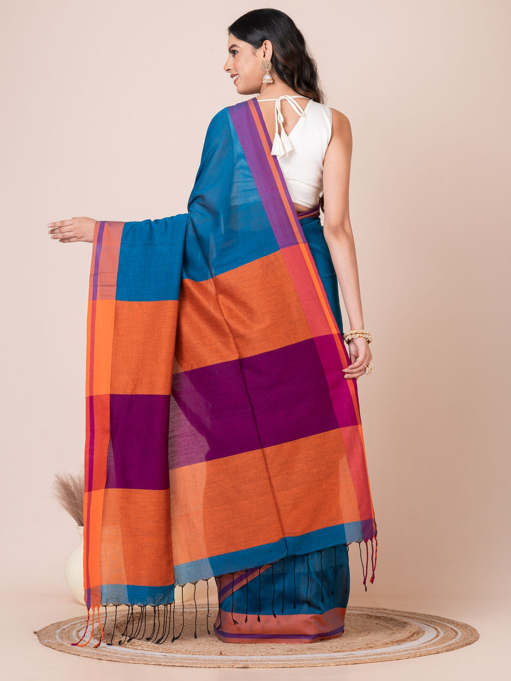 Blue Saffron Mul Cotton Saree