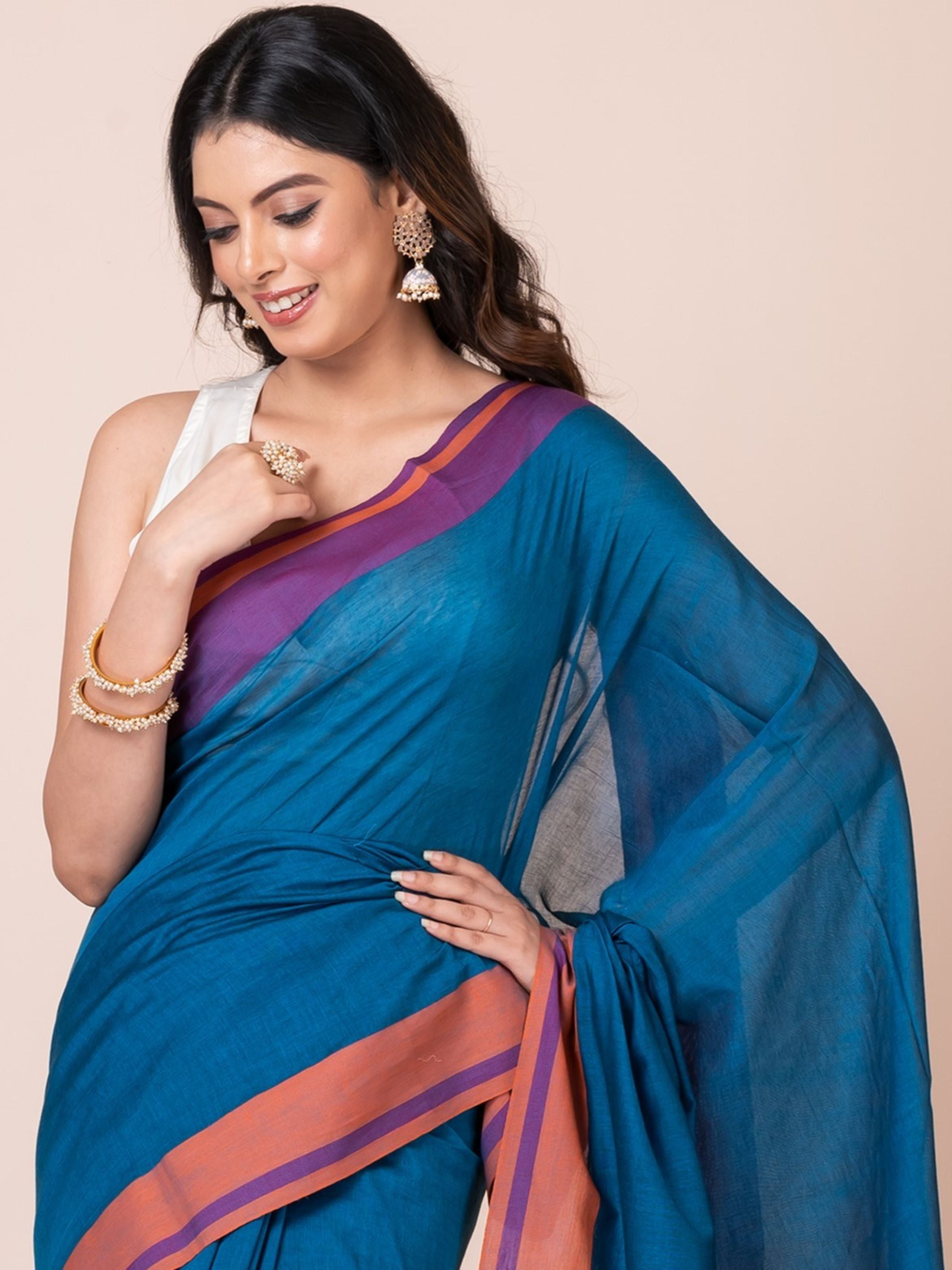 Blue Saffron Mul Cotton Saree