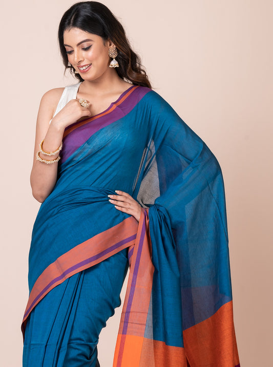 Blue Saffron Mul Cotton Saree