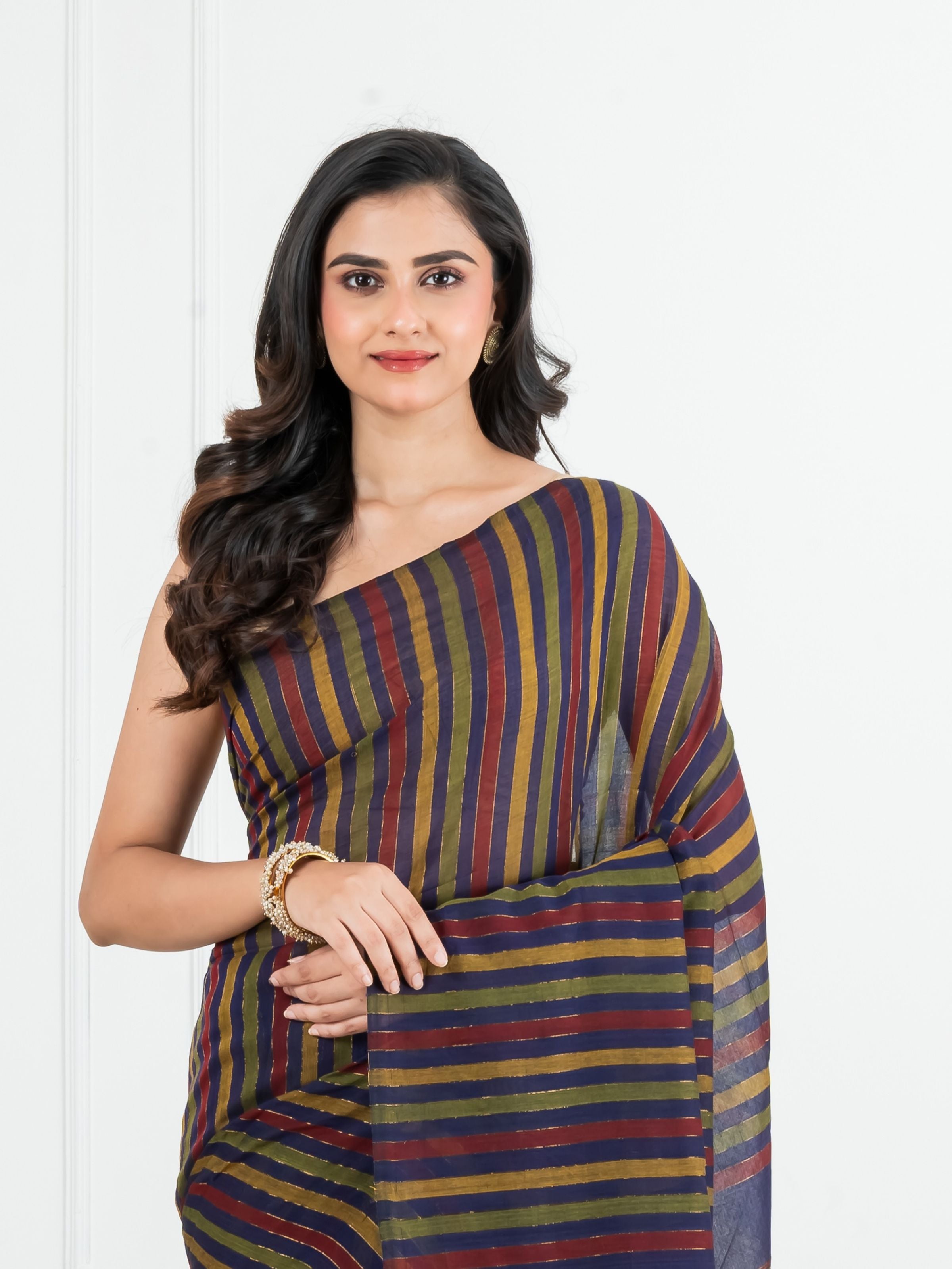 Multi colour Striped Body with Nevyblue Pallu Cotton Saree