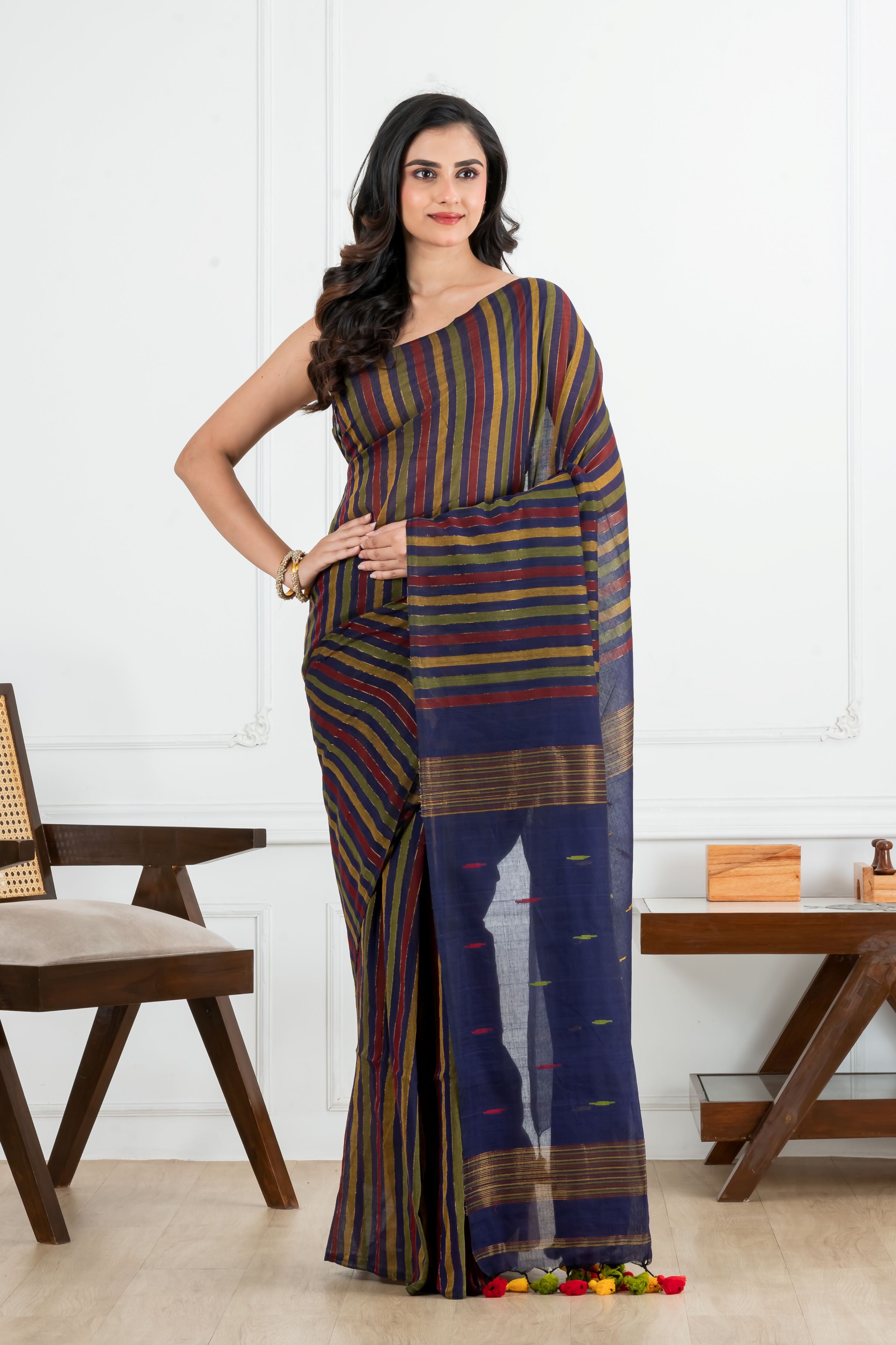 Multi colour Striped Body with Nevyblue Pallu Cotton Saree