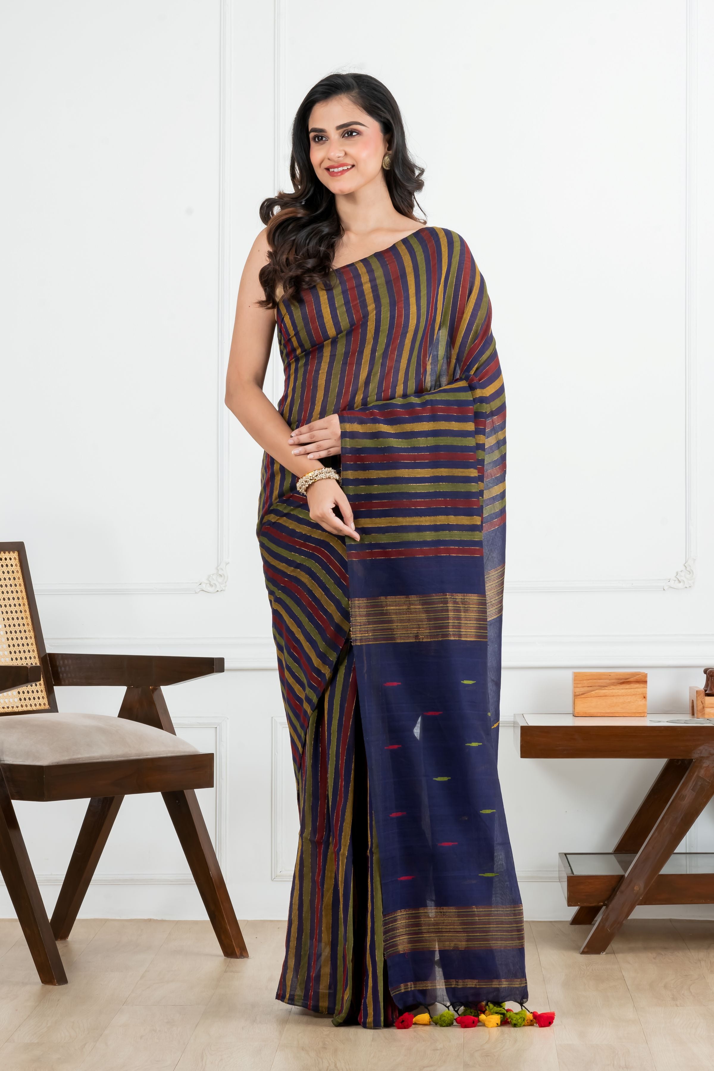 Multi colour Striped Body with Nevyblue Pallu Cotton Saree