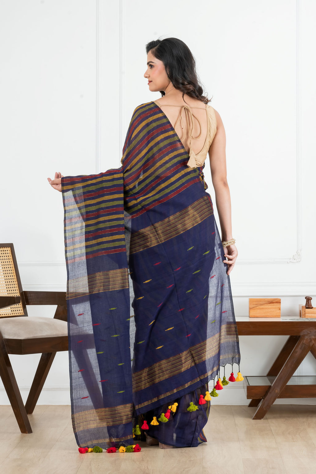Multi colour Striped Body with Nevyblue Pallu Cotton Saree