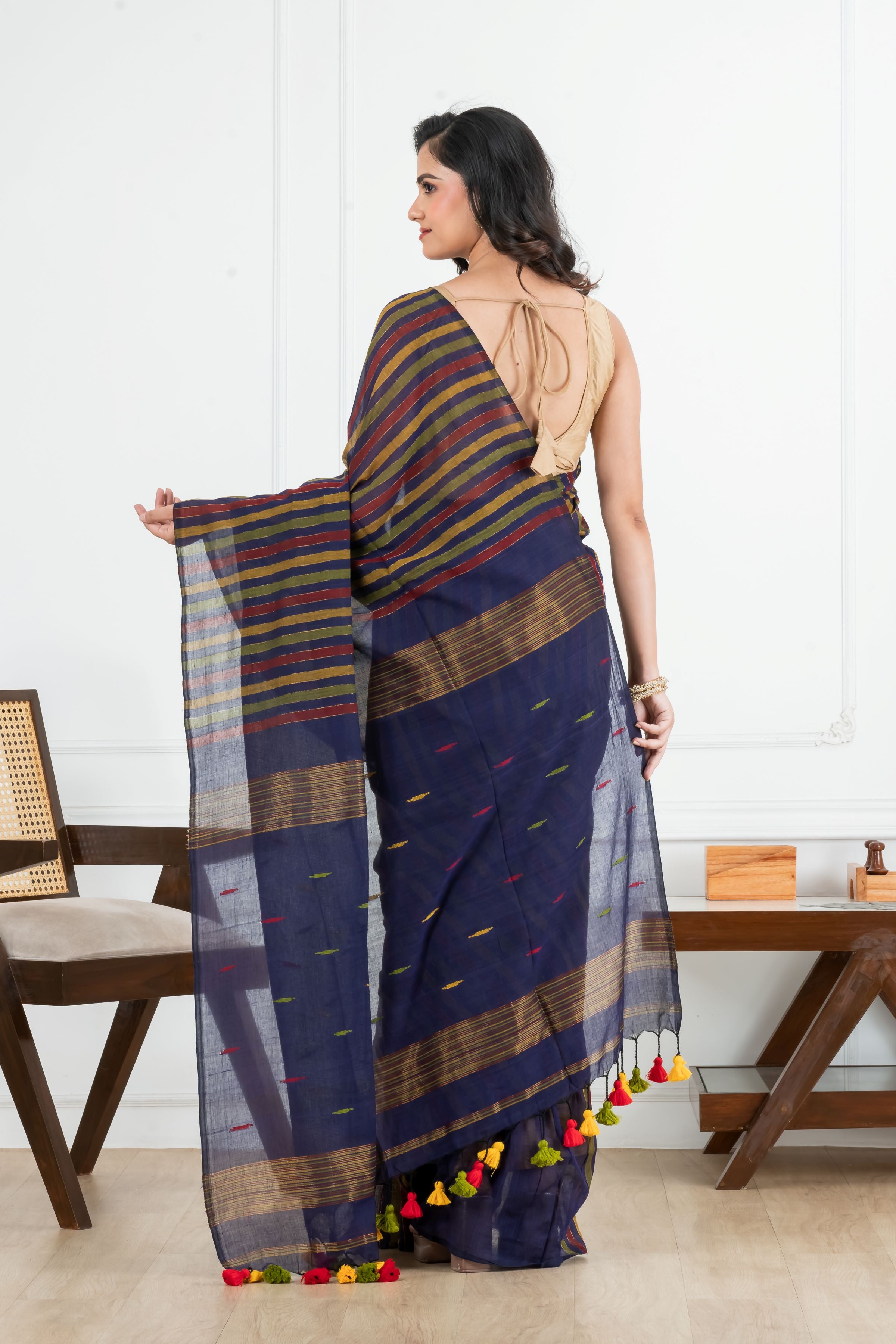 Multi colour Striped Body with Nevyblue Pallu Cotton Saree