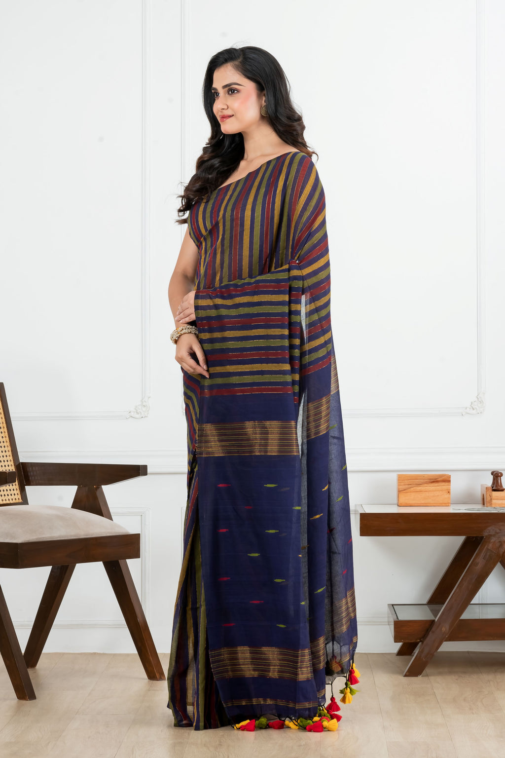 Multi colour Striped Body with Nevyblue Pallu Cotton Saree
