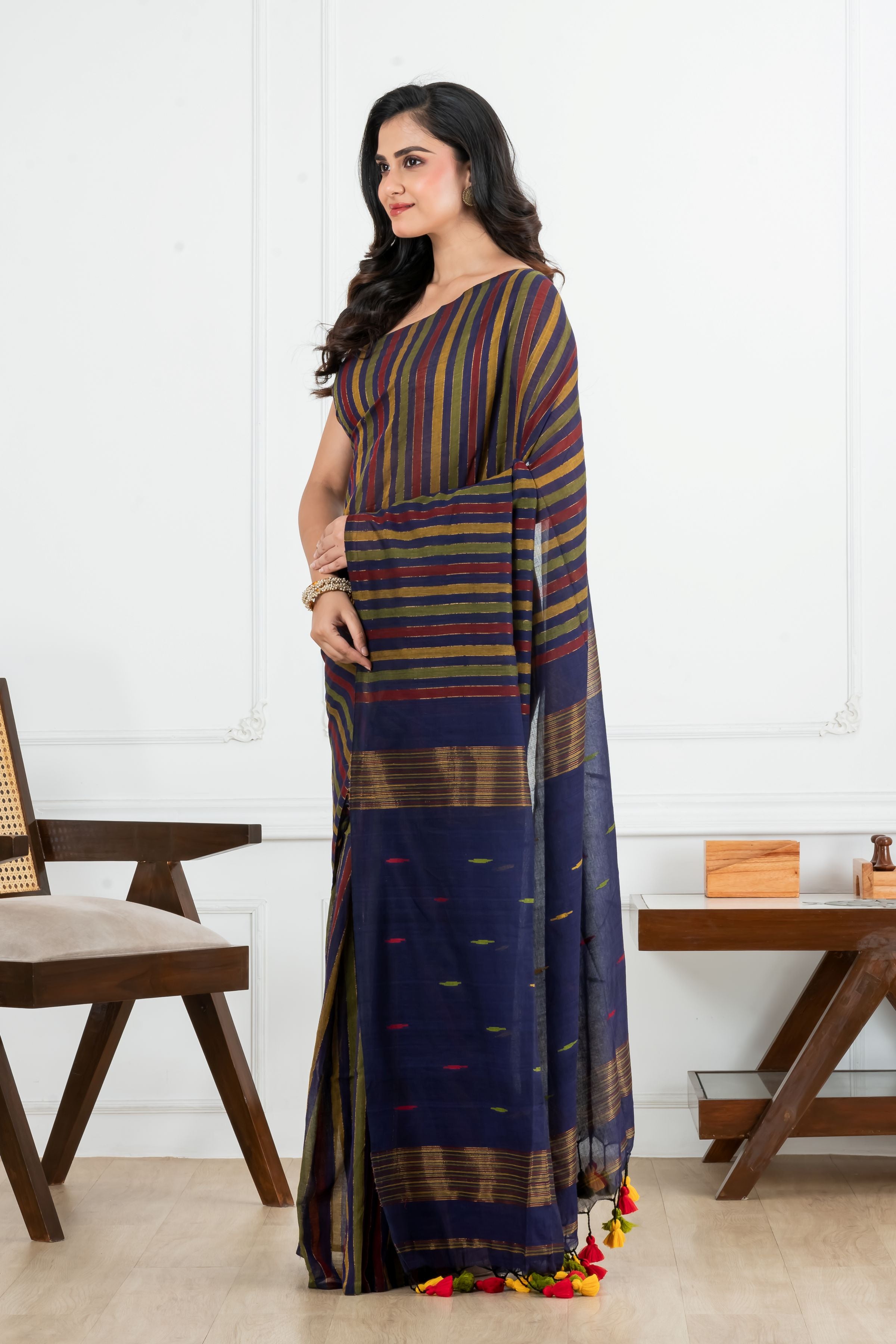 Multi colour Striped Body with Nevyblue Pallu Cotton Saree