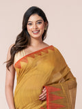 Mustard Yellow Body and Red Temple Border Cotton Saree