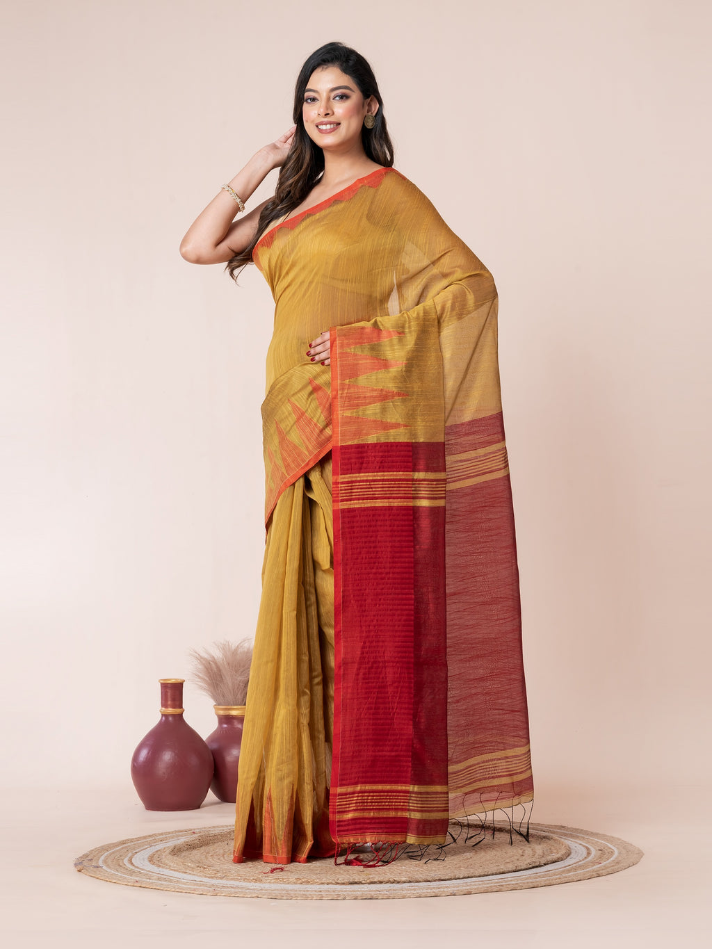 Mustard Yellow Body and Red Temple Border Cotton Saree