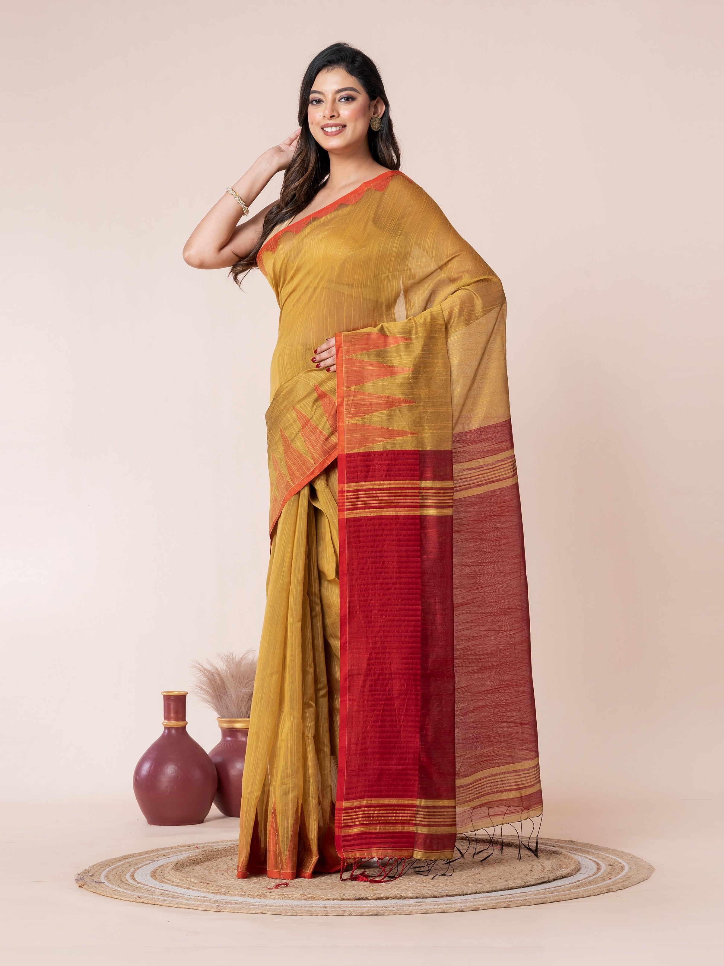 Mustard Yellow Body and Red Temple Border Cotton Saree