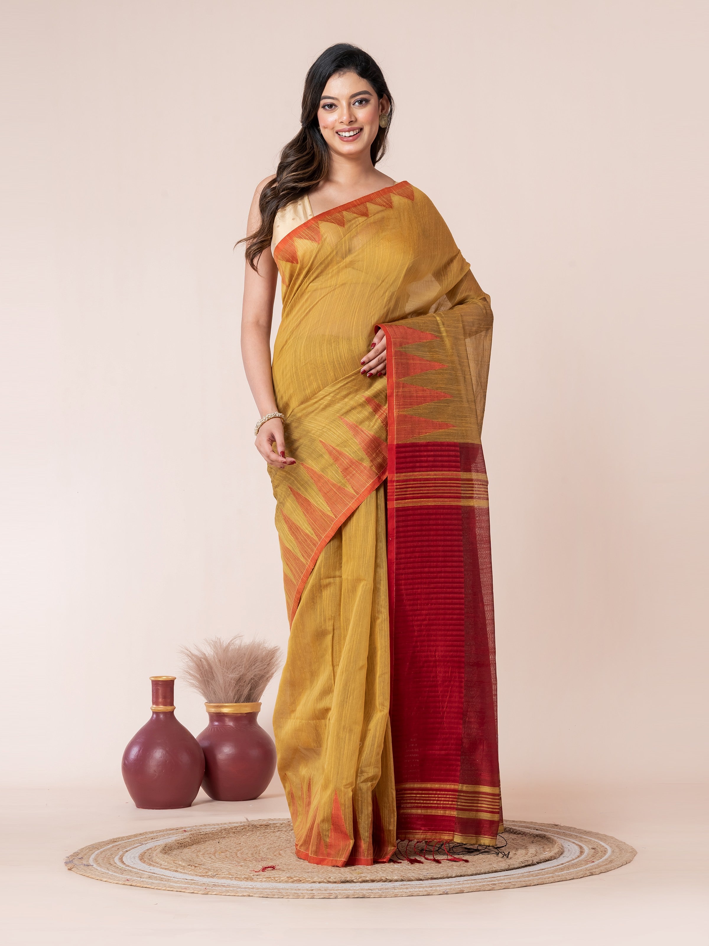 Mustard Yellow Body and Red Temple Border Cotton Saree