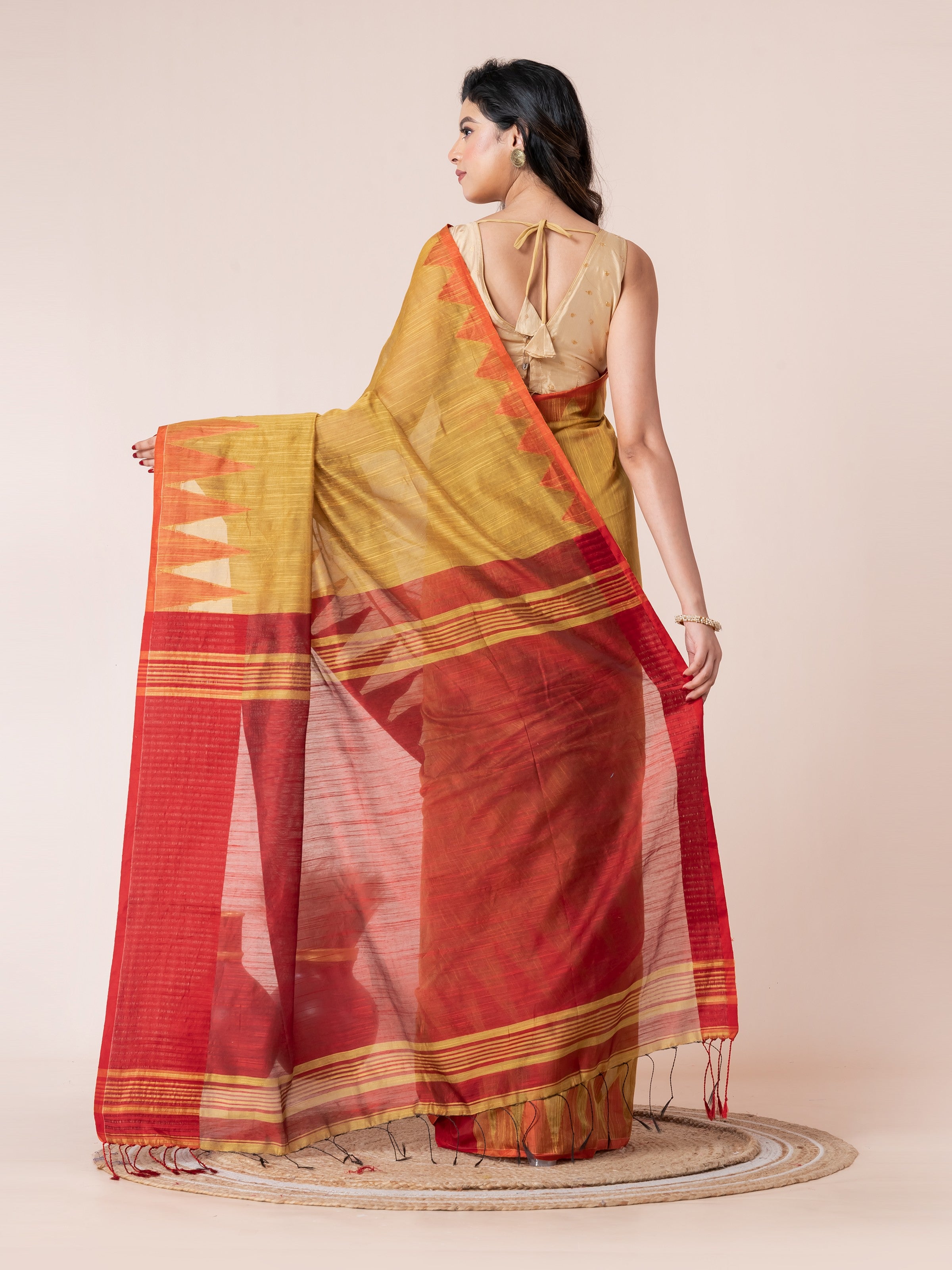 Mustard Yellow Body and Red Temple Border Cotton Saree