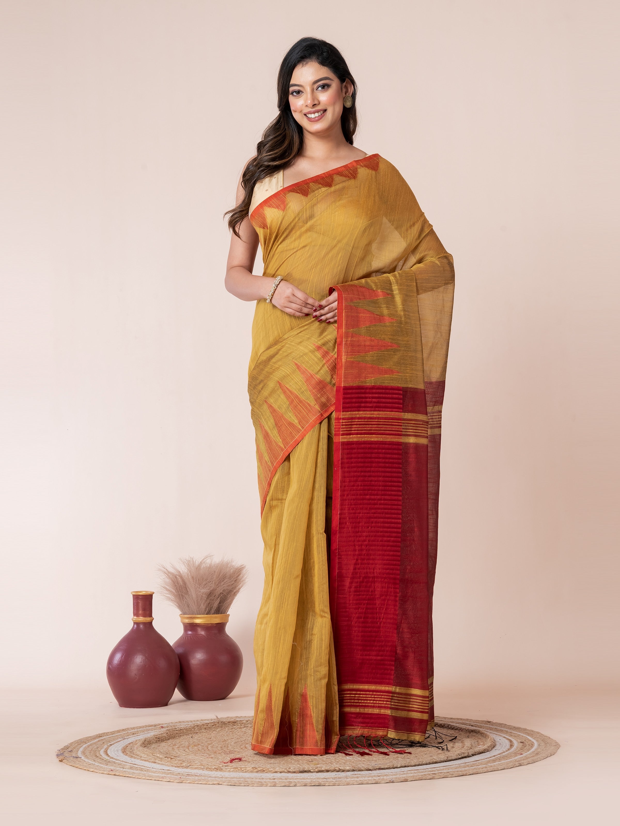 Mustard Yellow Body and Red Temple Border Cotton Saree
