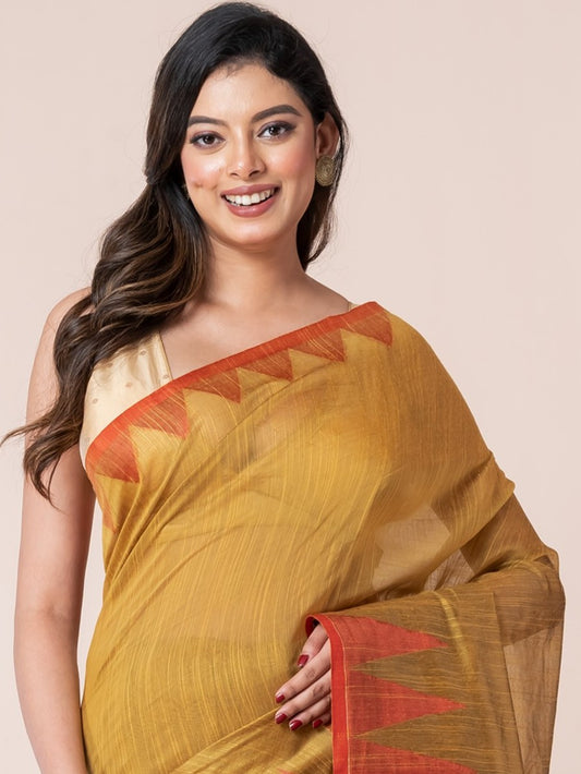 Mustard Yellow Body and Red Temple Border Cotton Saree