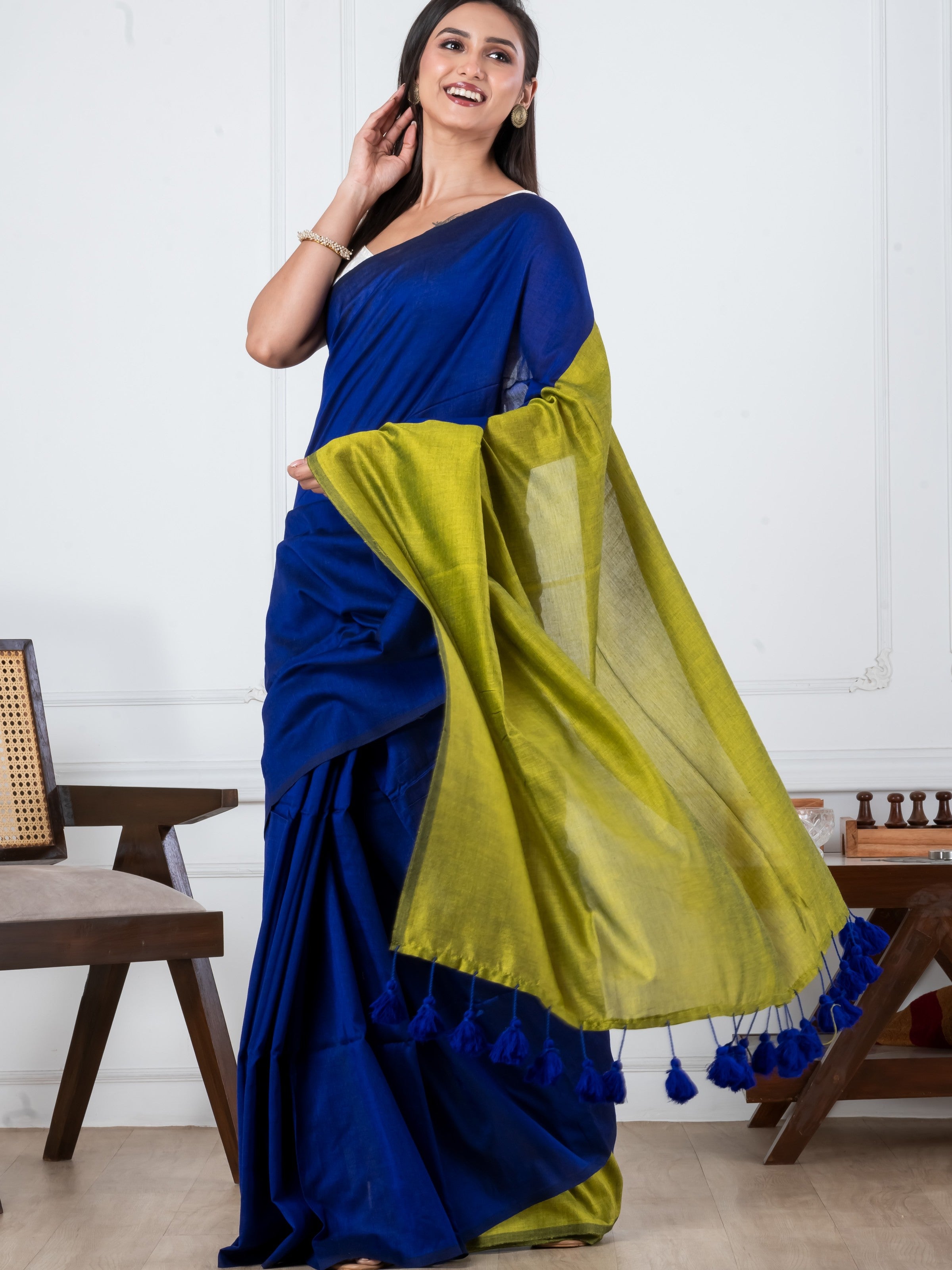 Navy Blue & Yellow Mulmul Saree