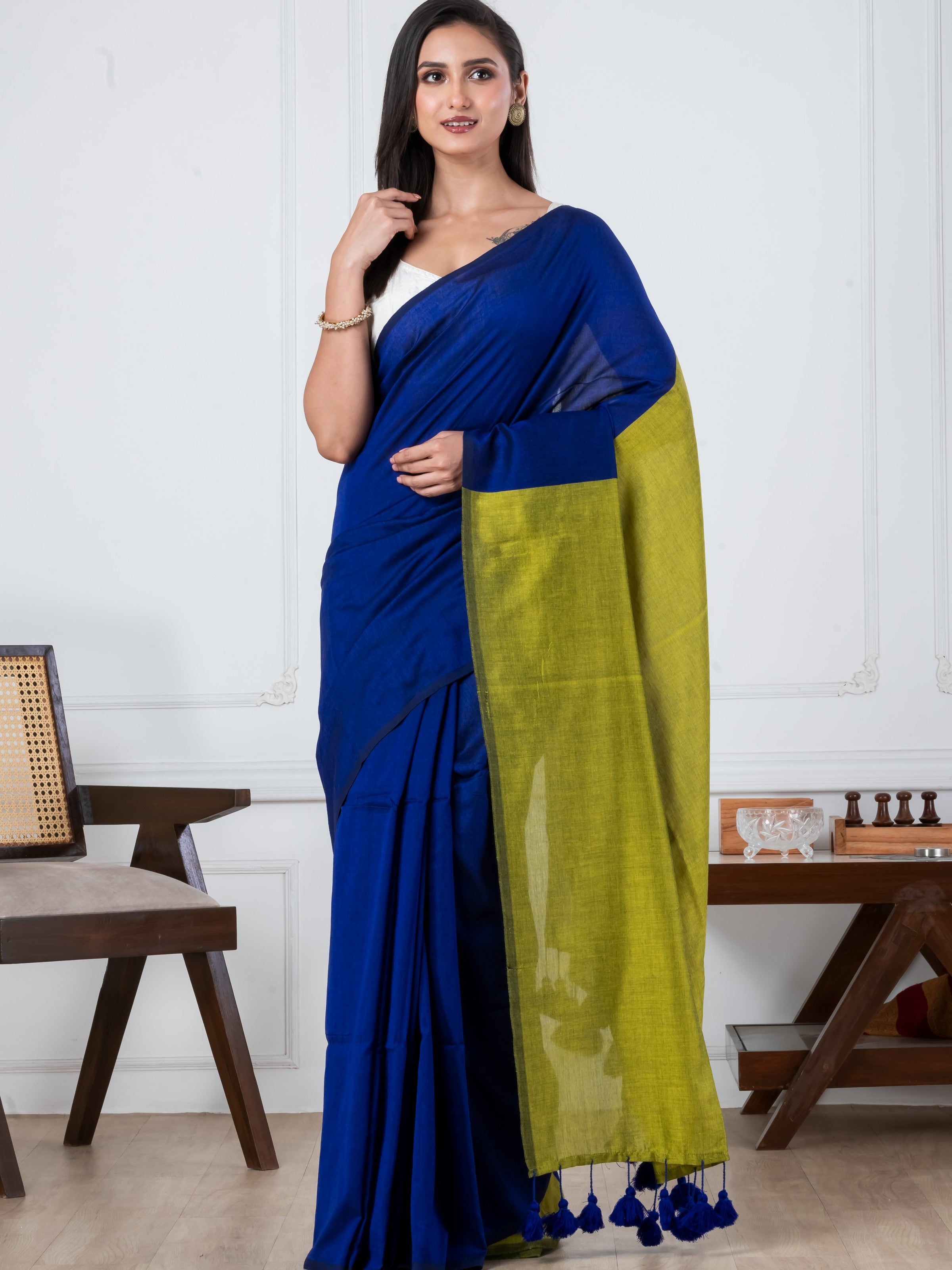 Navy Blue & Yellow Mulmul Saree
