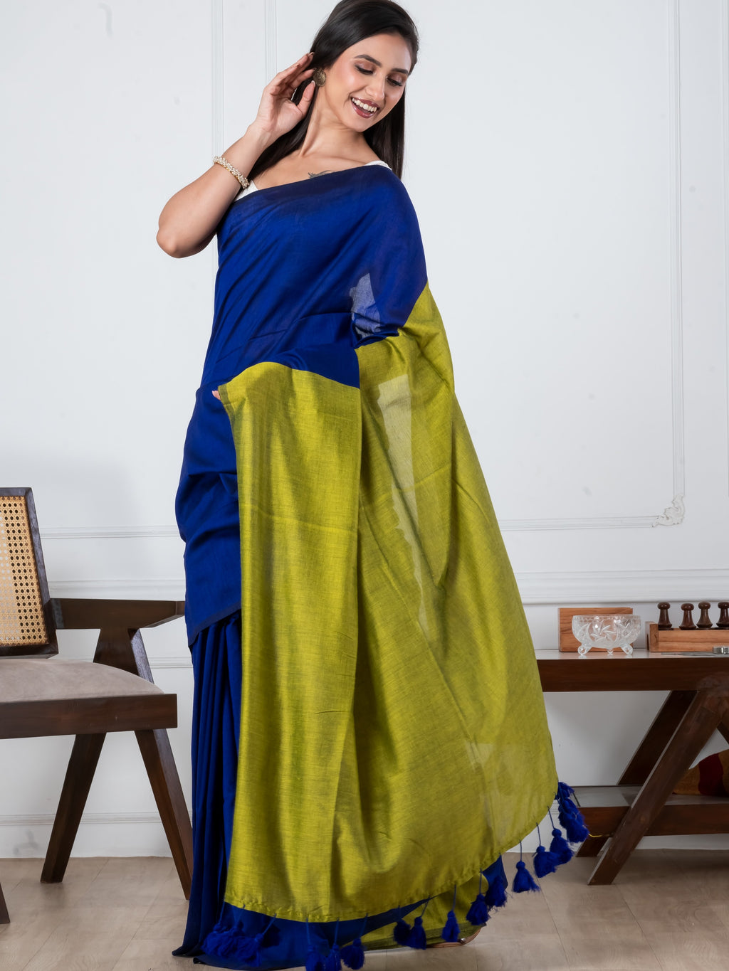 Navy Blue & Yellow Mulmul Saree