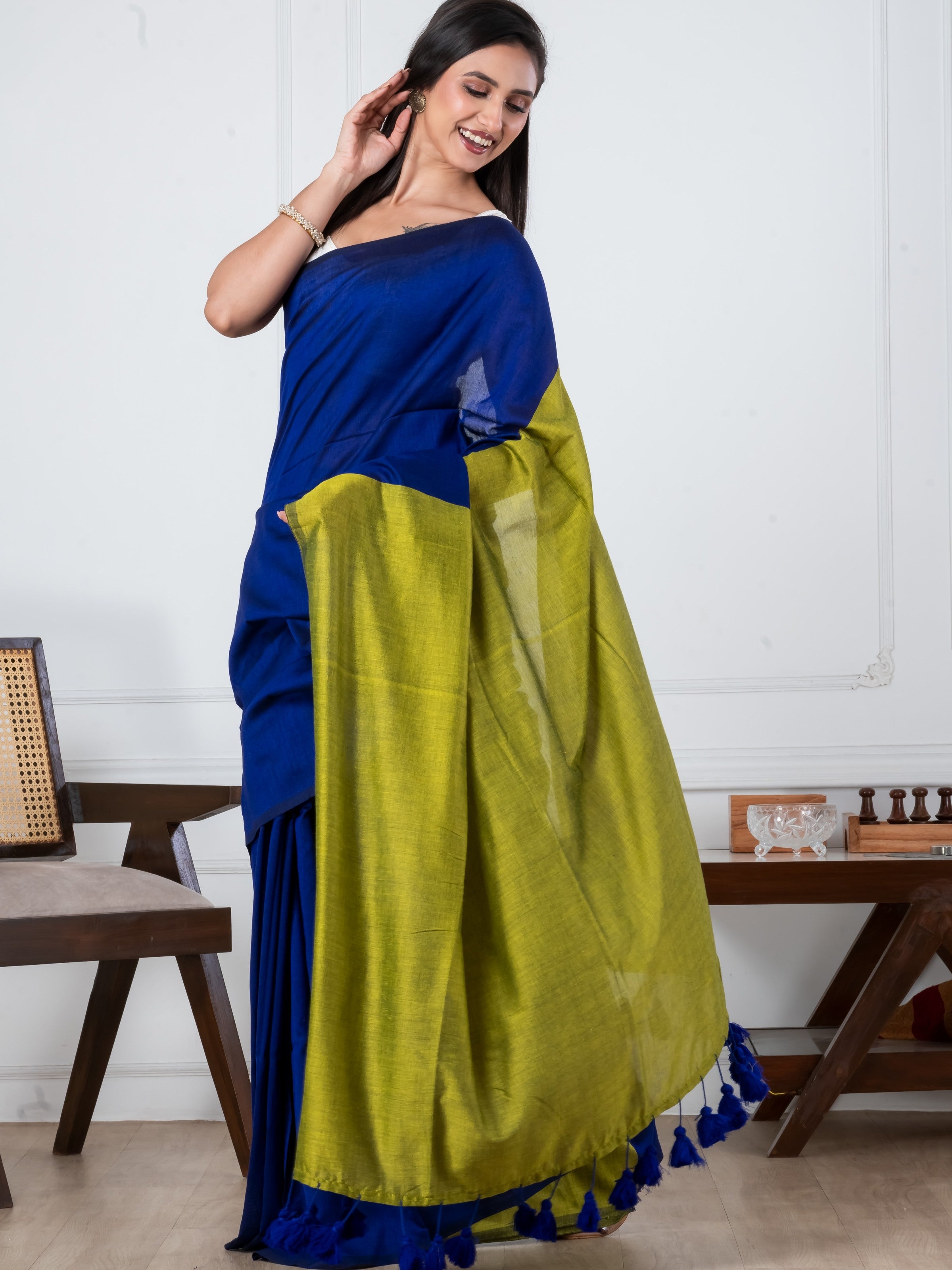 Navy Blue & Yellow Mulmul Saree