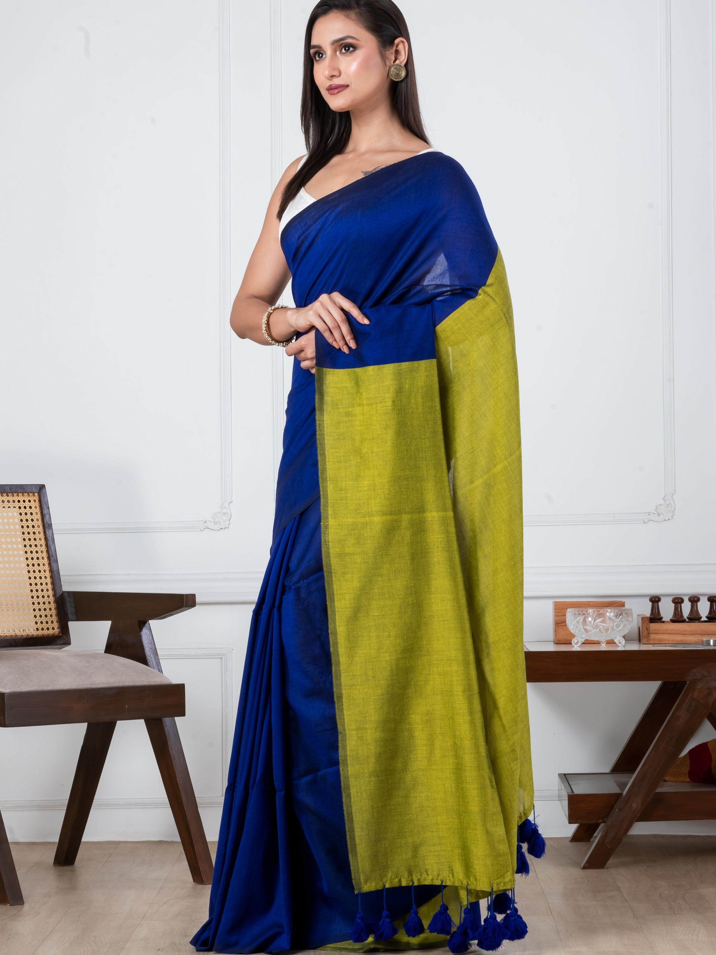 Navy Blue & Yellow Mulmul Saree