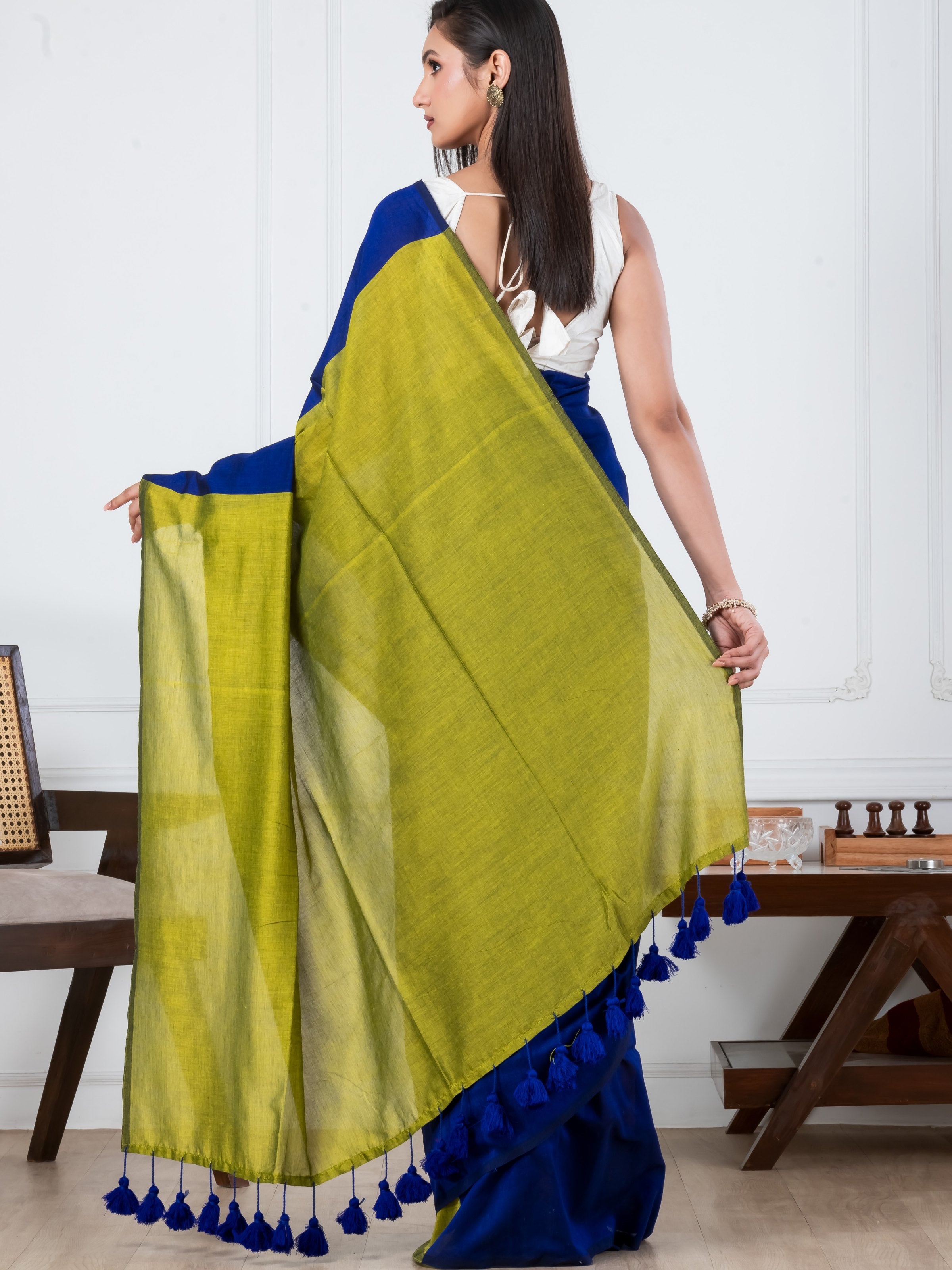 Navy Blue & Yellow Mulmul Saree