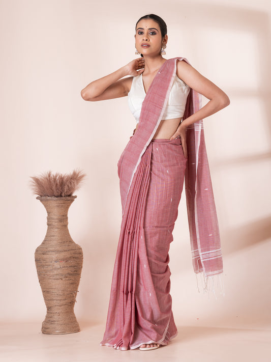 Onion Color with White Butis Cotton Saree