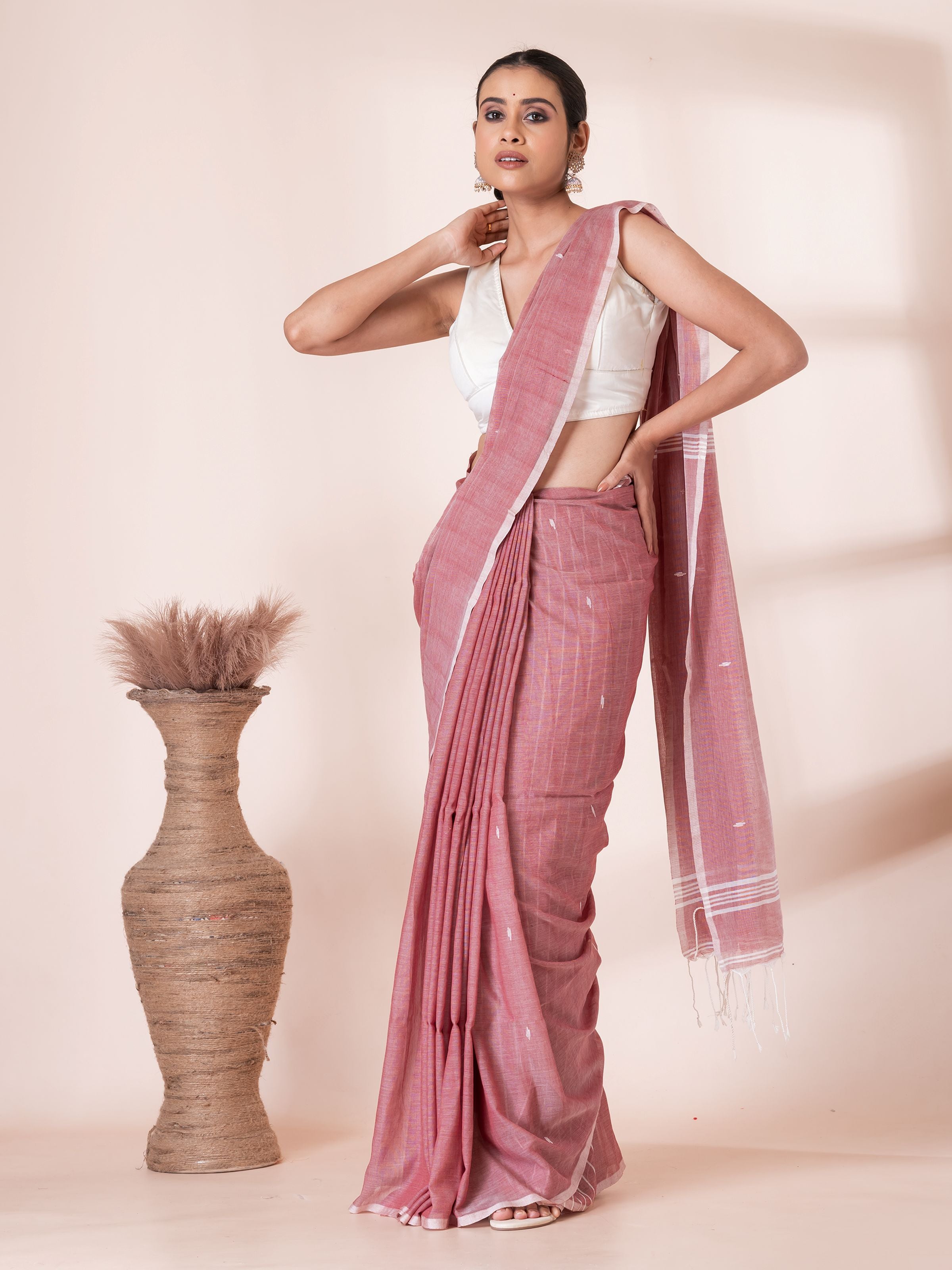 Onion Color with White Butis Cotton Saree