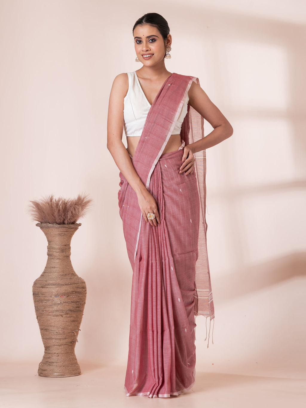 Onion Color with White Butis Cotton Saree