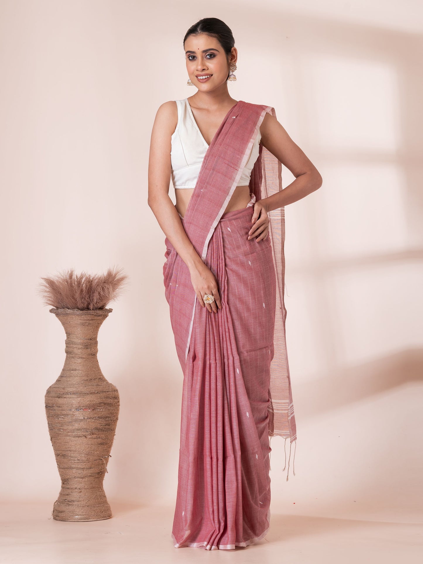 Onion Color with White Butis Cotton Saree